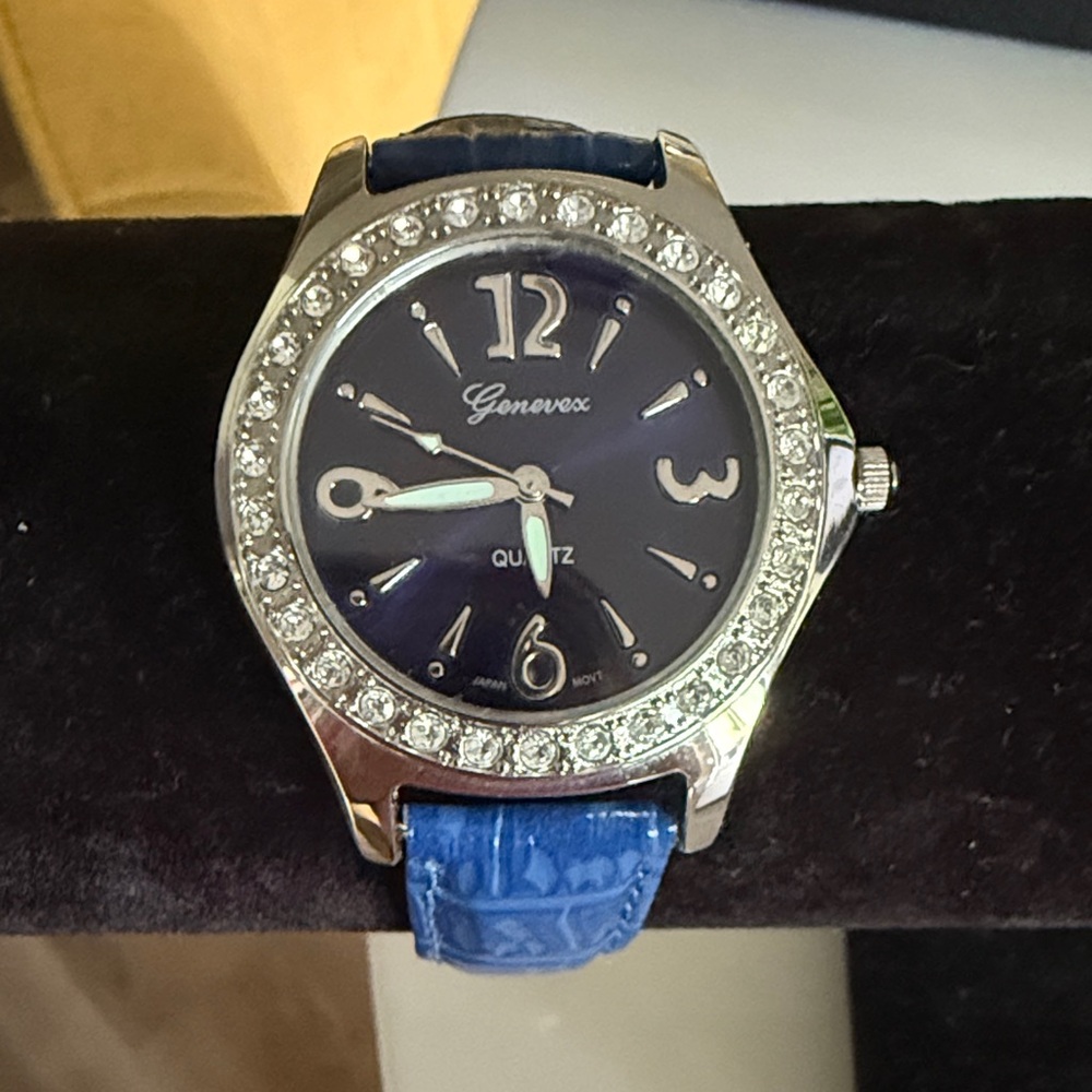 Geneva Silver and Blue Crystal Watch